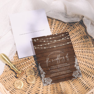 Rustic Wood, String Lights en Lace Wedding Briefkaart