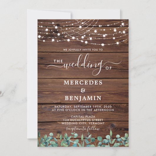 Rustic Wood String Lights Eucalyptus QR Weddenscha Kaart (Voorkant)