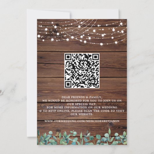 Rustic Wood String Lights Eucalyptus QR Weddenscha Kaart (Achterkant)