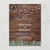 Rustic Wood String Lights Eucalyptus Wedding Invit Briefkaart (Voorkant)