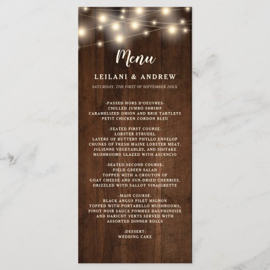 Rustic Wood String Lights Floral Mason Jar Menu (Voorkant)
