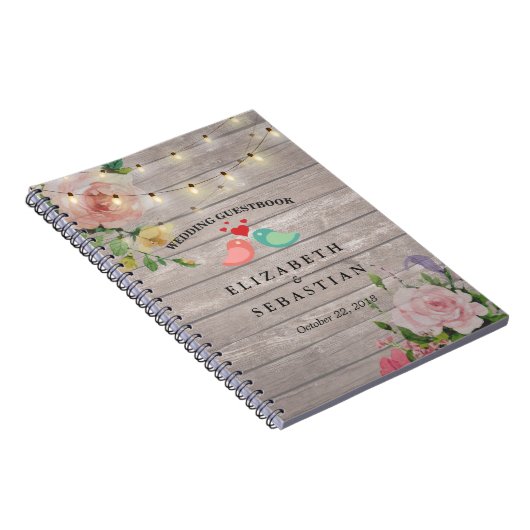 Rustic Wood String Lights Floral Wedding Guestbook Notitieboek (Rechterzijde)