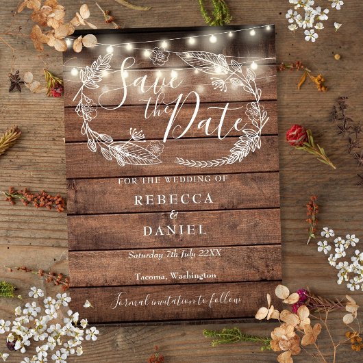 Rustic Wood String Lights Floral Wedding Save The Date