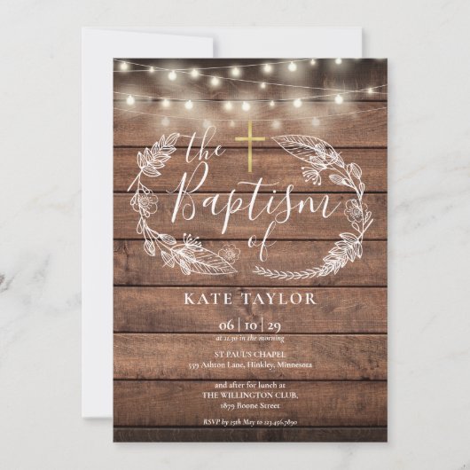 Rustic Wood String Lights Foliage Baptisme Kaart (Voorkant)