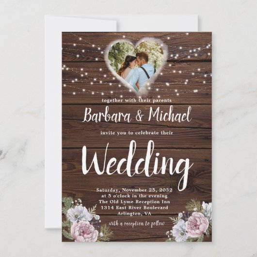 Rustic Wood String Lights Foto Floral Wedding Kaart (Voorkant)