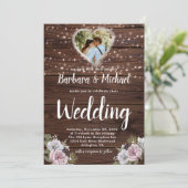 Rustic Wood String Lights Foto Floral Wedding Kaart (Staand voorkant)