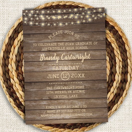 Rustic Wood & String Lights Graduation Party Kaart