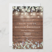 Rustic Wood String Lights Greenery Floral Wedding Kaart (Voorkant)