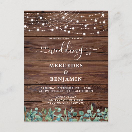 Rustic Wood String Lights Greenery QR Code Weddens Briefkaart (Voorkant)