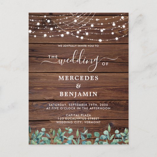 Rustic Wood String Lights Greenery QR Code Weddens Uitnodiging Briefkaart (Voorkant)