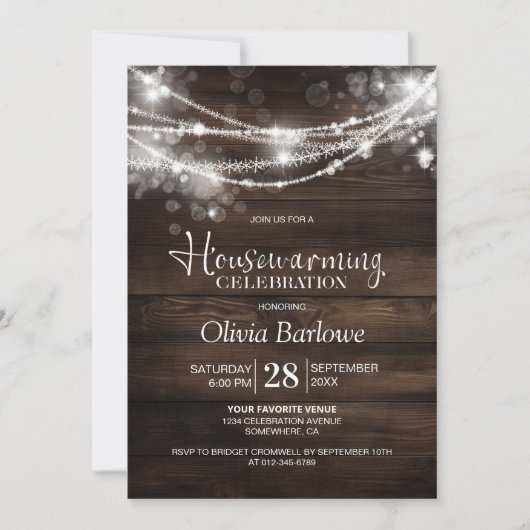 Rustic Wood String Lights Housewarming Party Kaart (Voorkant)