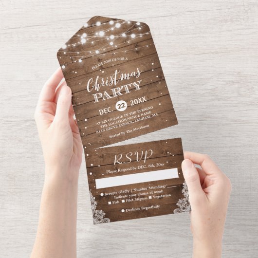 Rustic Wood String Lights kerstfeest All In One Uitnodiging (Afscheurbaar)