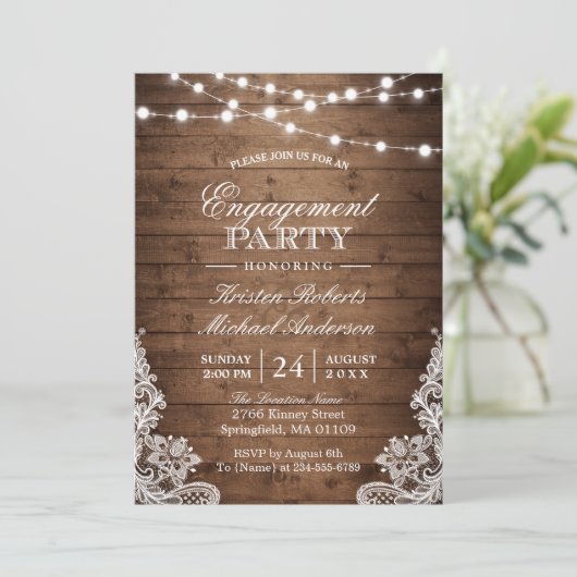 Rustic Wood String Lights Lace Engagement Party Kaart (Staand voorkant)