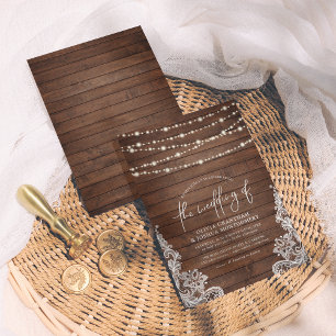 Rustic Wood String Lights & Lace Script Wedding Kaart