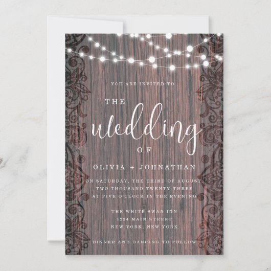Rustic Wood String Lights Lace Wedding Invitation Kaart (Voorkant)