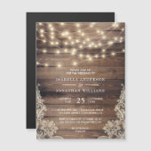 Rustic Wood & String Lights |  Lace Wedding Magnetische Uitnodiging (Voorkant / Achterkant)
