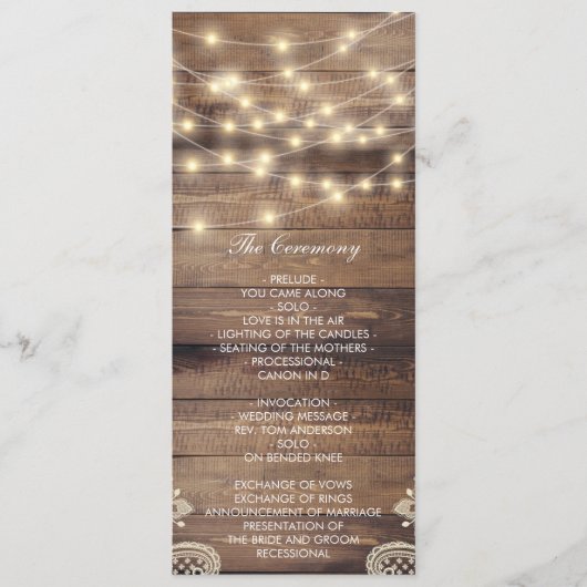 Rustic Wood & String Lights | Lace Wedding Program Programma (Voorkant)