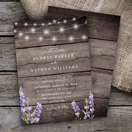 Rustic Wood String Lights Lavender Wedding Kaart