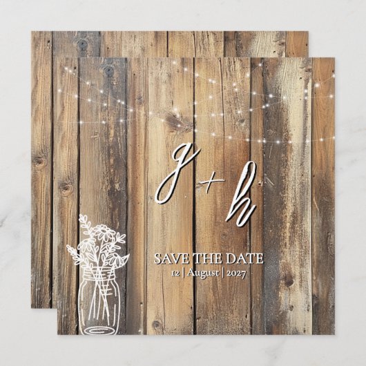 Rustic Wood String Lights Mason Jar Save the Dates (Voorkant / Achterkant)