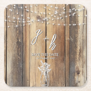 Rustic Wood String Lights Mason Jar Save the Dates Vierkante Kartonnen Onderzetter