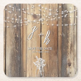 Rustic Wood String Lights Mason Jar Save the Dates Vierkante Kartonnen Onderzetter