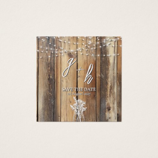 Rustic Wood String Lights Mason Jar Save the Dates Vierkante Visitekaartjes (Voorkant)