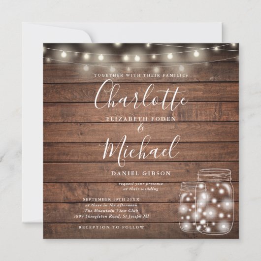 Rustic Wood String Lights Mason Jar Wedding Photo Kaart (Voorkant)