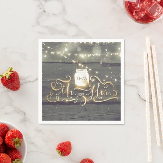 Rustic Wood String Lights Mason Jar Wedding Servetten (Insitu)