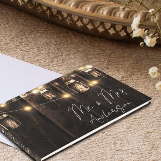 Rustic Wood String Lights Mr & Mrs Wedding Gastenboek