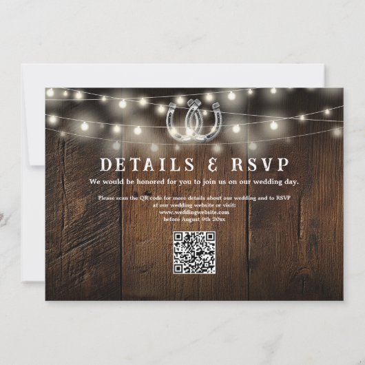 Rustic Wood String Lights Photo QR Code Wedding Kaart (Achterkant)