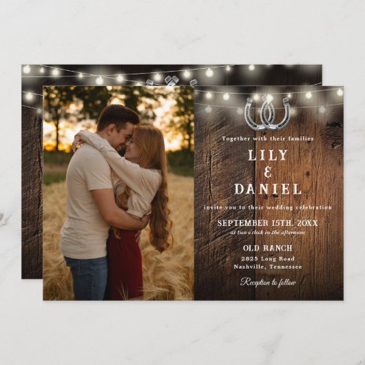 Rustic Wood String Lights Photo QR Code Wedding Kaart (Voorkant / Achterkant)