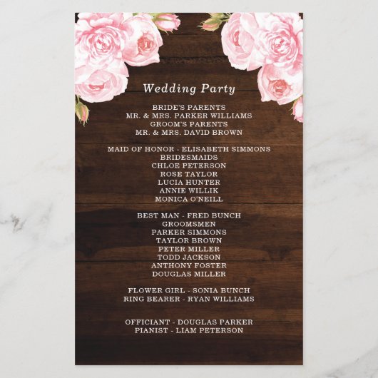 Rustic Wood String Lights Rozen Wedding Programme (Achterkant)