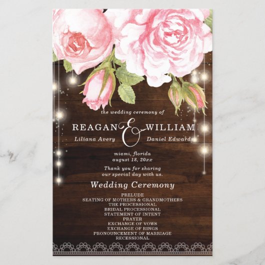 Rustic Wood String Lights Rozen Wedding Programme (Voorkant)