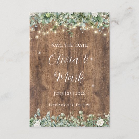Rustic Wood & String Lights Save the Date | Schuur Informatiekaartje (Voorkant)