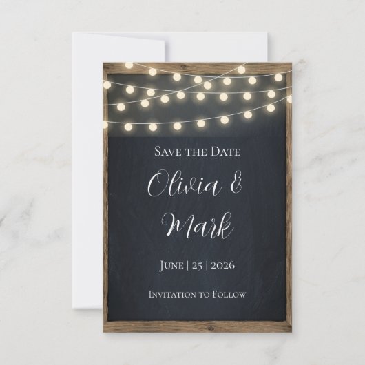 Rustic Wood & String Lights Save the Date | Schuur RSVP Kaartje (Voorkant)
