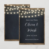 Rustic Wood & String Lights Save the Date | Schuur RSVP Kaartje (Voorkant / Achterkant)