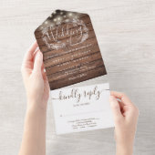 Rustic Wood String Lights Script Floral Wedding All In One Uitnodiging (Afscheurbaar)