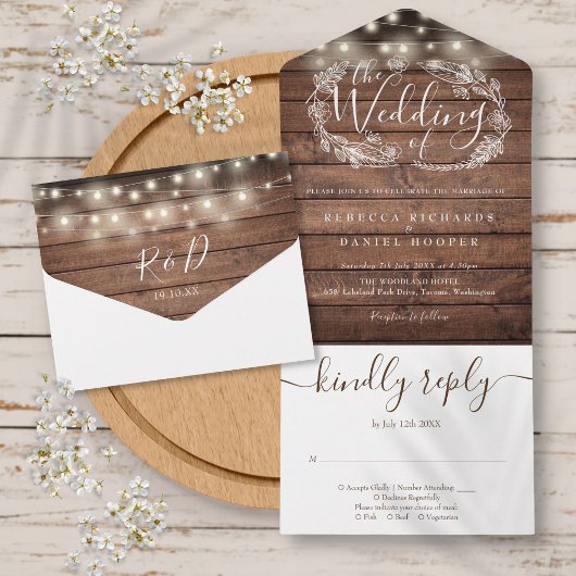 Rustic Wood String Lights Script Floral Wedding All In One Uitnodiging
