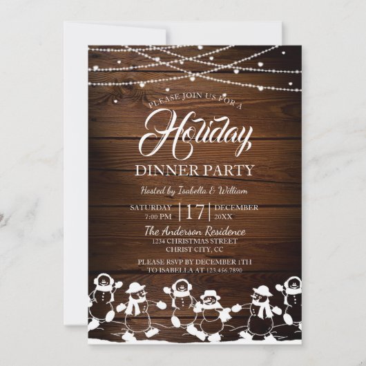 Rustic Wood String Lights Snowman Holiday Party Kaart (Voorkant)
