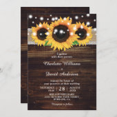 Rustic Wood String Lights Sunflower Wedding Kaart (Voorkant / Achterkant)