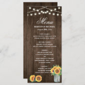 Rustic Wood String Lights Sunflower Wedding Menu (Voorkant / Achterkant)