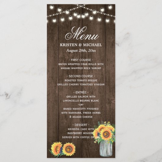 Rustic Wood String Lights Sunflower Wedding Menu (Voorkant)