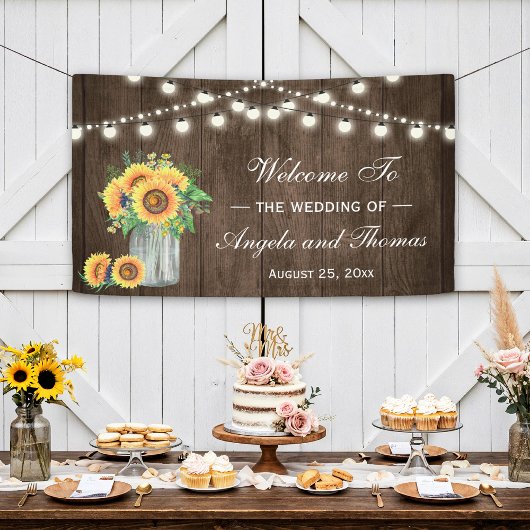 Rustic Wood String Lights Sunflower Wedding Party Spandoek