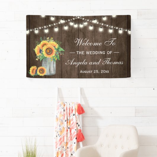 Rustic Wood String Lights Sunflower Wedding Party Spandoek (Insitu)