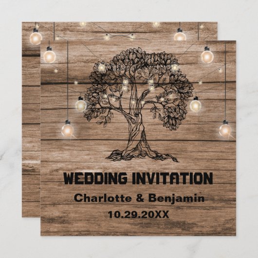 Rustic Wood String Lights & Tree Wedding Kaart (Voorkant / Achterkant)