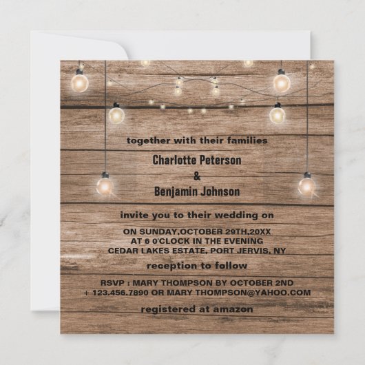 Rustic Wood String Lights & Tree Wedding Kaart (Achterkant)