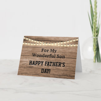 Rustic Wood & String Lights Vaderdag voor Zoon Feestdagen Kaart