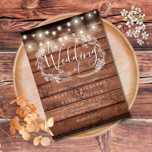 Rustic Wood String Lights Weddenschap Kaart