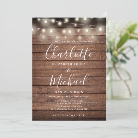 Rustic Wood String Lights Weddenschap Kaart (Staand voorkant)