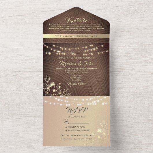 Rustic Wood String Lights Wedding All In One Uitnodiging (Binnen)